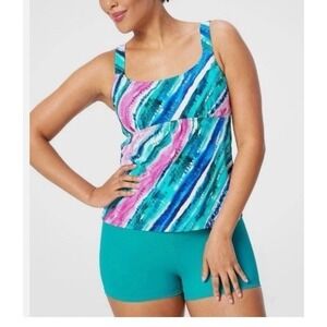 Kim Gravel Swimsuits Scoop Tankini Top & Bike Shorts Slimming‎ Stripes Sz 14 NEW